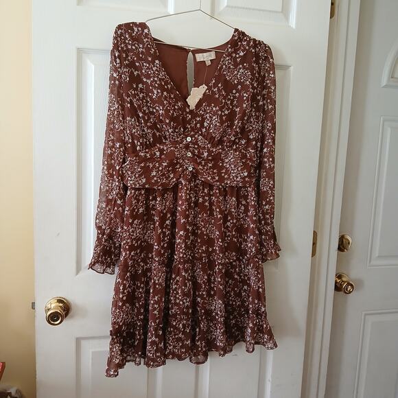 Indulge Instyle Dress Womens XL Brown A-line Floral Long Sleeve Chiffon Coquette - Picture 2 of 16